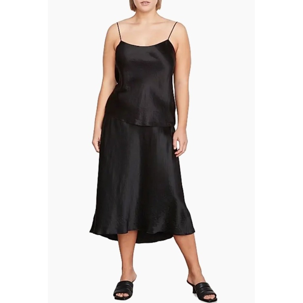 VINCE. Satin Midi Skirt Womens XL Black High Waisted A-Line Silky Slip Skirt EUC